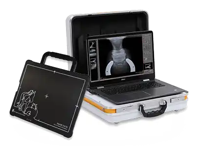 Portable digital radiology system in a custom-made suitcase for mobile use in stables and clinics