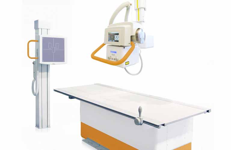 Ceiling-mounted X-ray machine with adjustable patient positioning table and wall stand