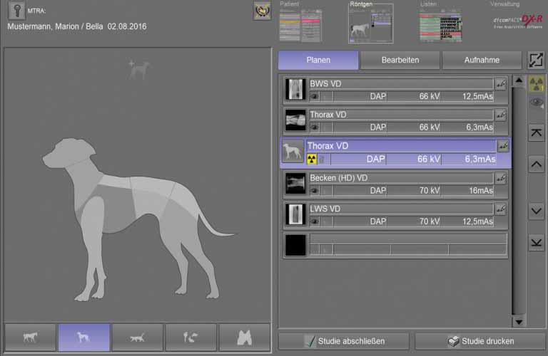 Planung der Röntgen-untersuchung anhand der Bodyparts – Wechsel zur Planung für Pferde/Groß-tiere, Katze, Exoten/Kleintiere und Dental mit nur einem Klick
